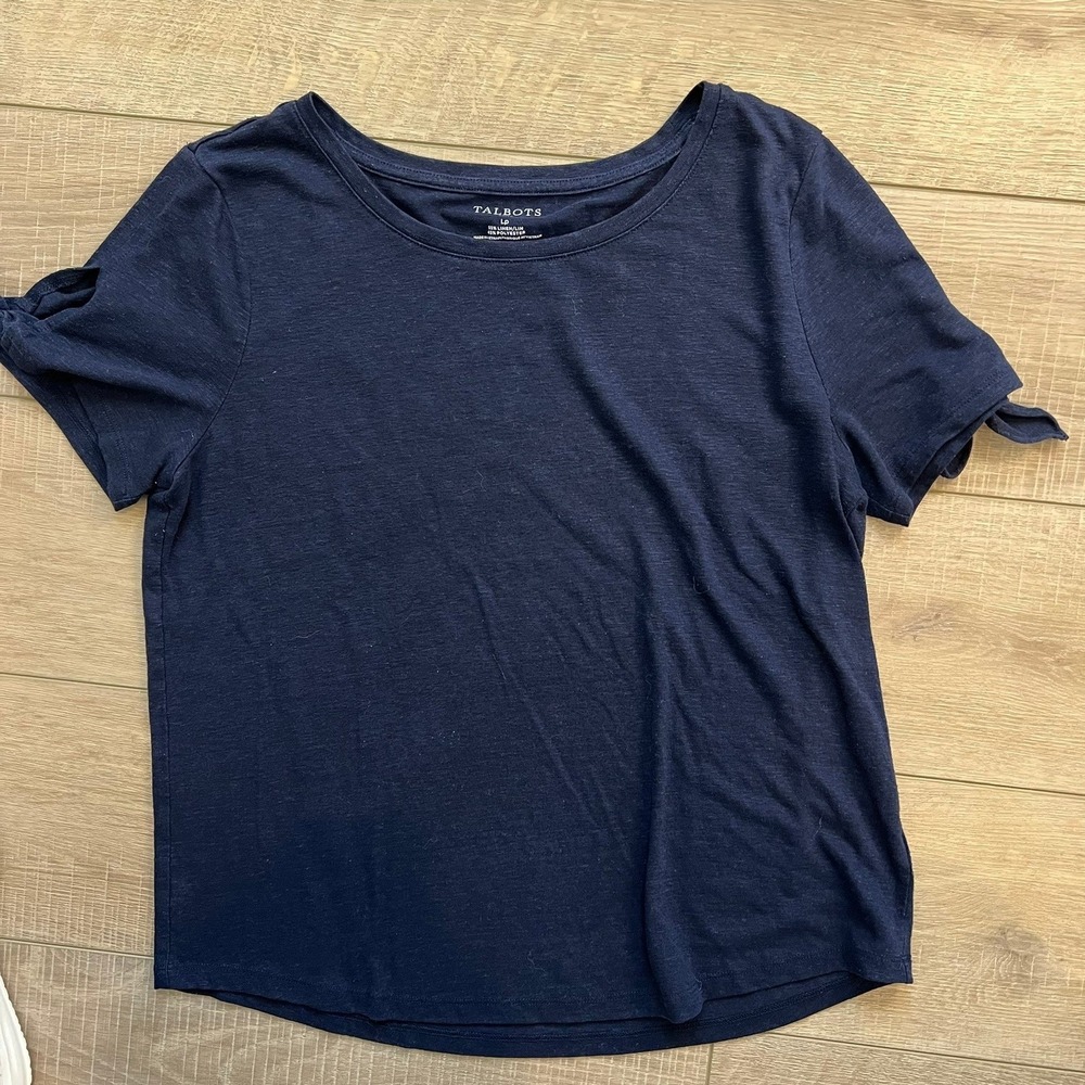 Talbots T-Shirt Womens LP Navy Blue Linen Blend Tie Sleeve Scoop Neck Top